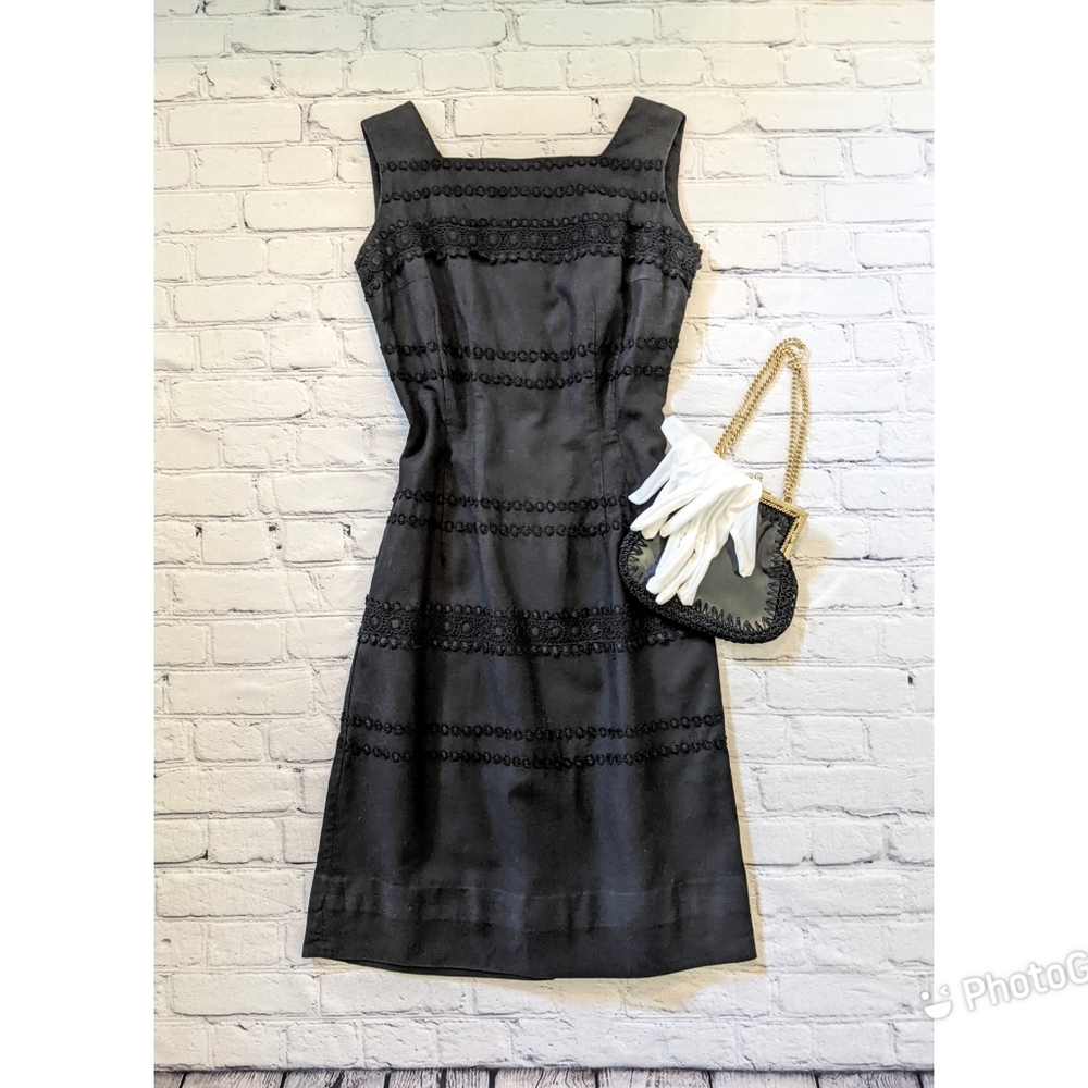 Vintage 1950's black wiggle dress with lace trim